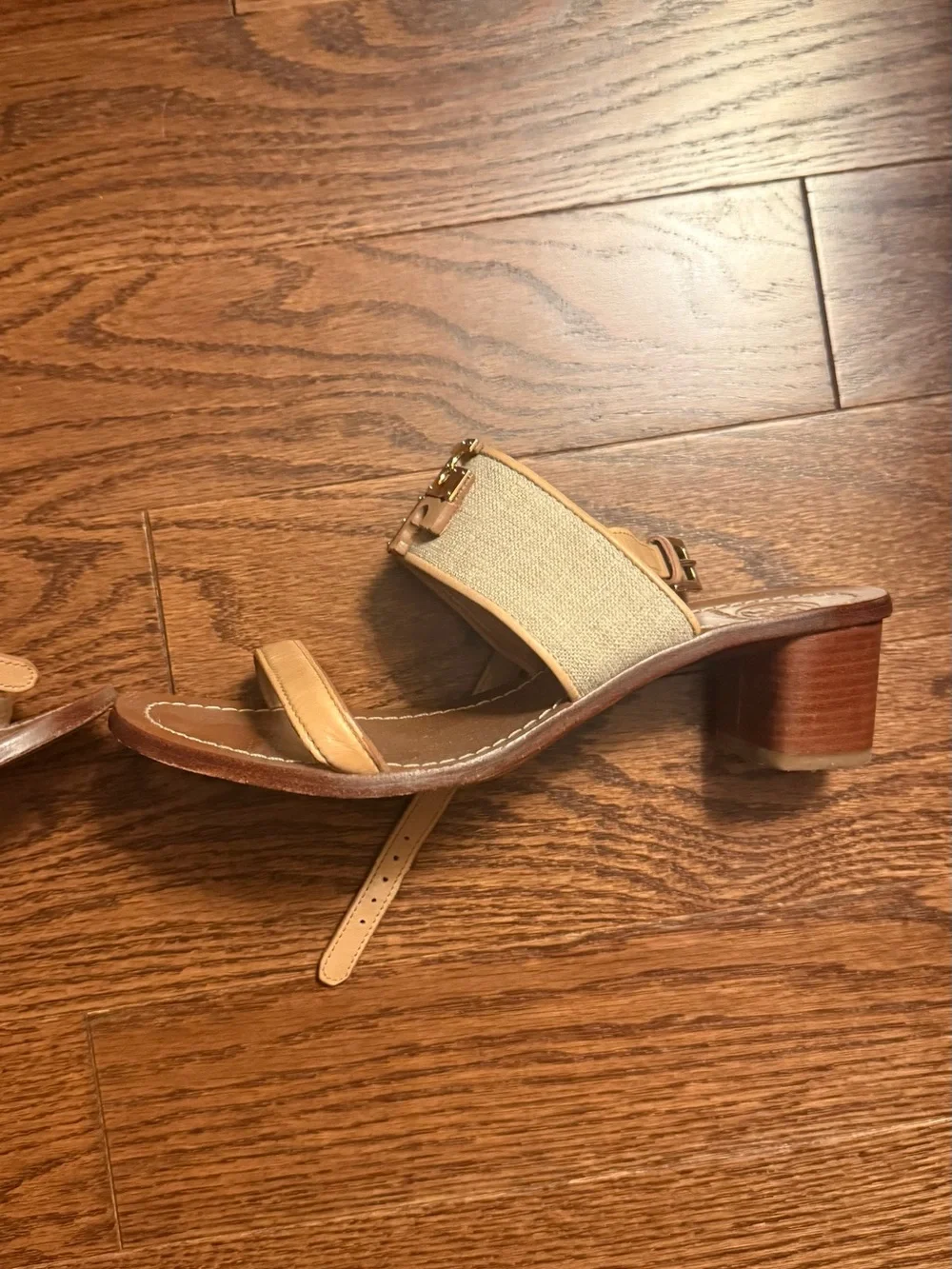 Tory Burch Tan Leather & Canvas Logo-Buckle Sandals